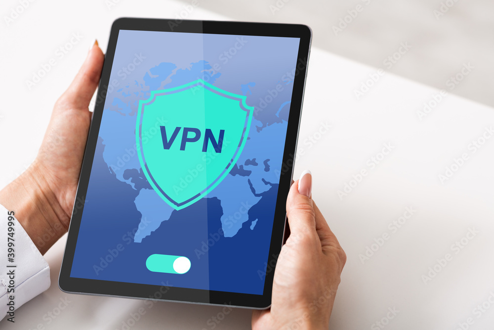 VPN Virtual Private Network App Opened On Digital Tablet In Female Hands VPN Virtual Private Network App Opened On Digital Tablet In Female Hands