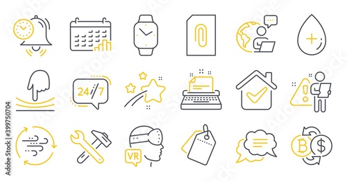 Set of Technology icons, such as Spanner tool, Elastic, 24h service symbols. Attachment, Augmented reality, Sale tags signs. Oil serum, Text message, Wind energy. Calendar graph. Vector