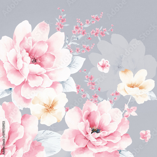 Flowers watercolor illustration,Decorative elegant luxury design.Vintage elements in baroque, rococo style.Design for cover, fabric, textile, wrapping paper