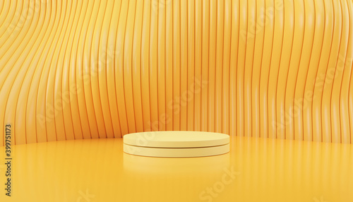yellow background with a pedestal and a showcase. 3d illustration