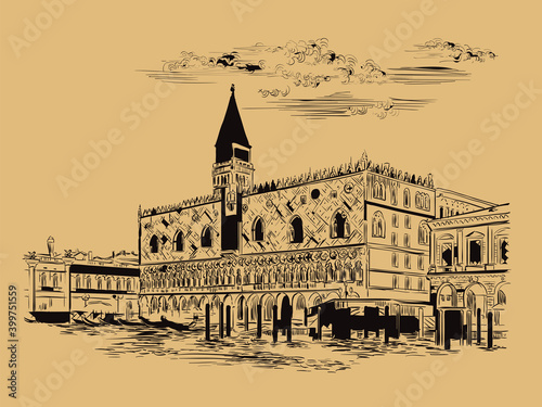 Venice hand drawing vector illustration Doges Palace brown