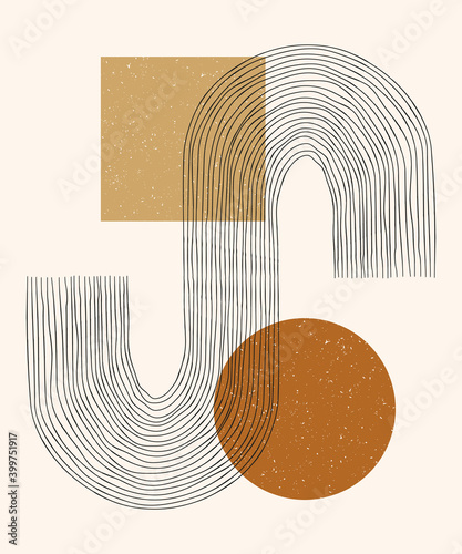 Vector contemporary illustration with aesthetic hand drawn abstract shapes and geometric elements. Creative Mid Century minimalist bohemian contemporary design, print, poster, cover, background