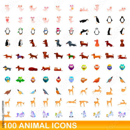 100 animal icons set. Cartoon illustration of 100 animal icons vector set isolated on white background