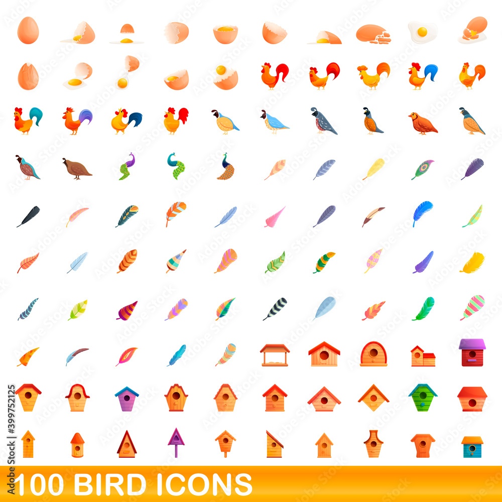 100 bird icons set. Cartoon illustration of 100 bird icons vector set isolated on white background