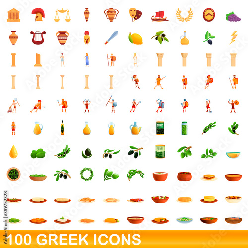100 greek icons set. Cartoon illustration of 100 greek icons vector set isolated on white background