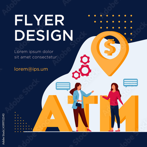 Bank clients using ATM. People waiting in queue, talking, keeping social distance flat vector illustration. Public place, banking, finance concept for banner, website design or landing web page