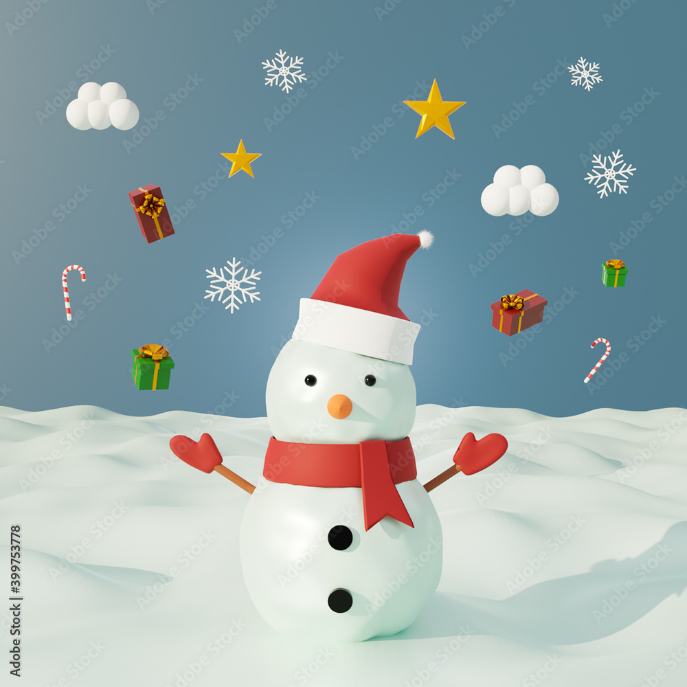 Fototapeta premium Merry christmas poster banner with snowman and gift box on snow. 3d rendering