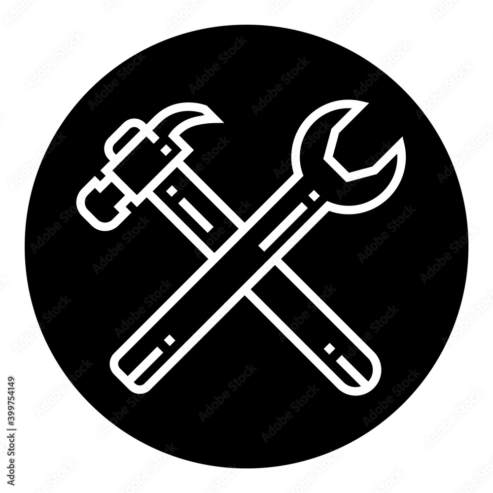 Construction Design Hammer Wrench Flat Icon Isolated On White Background