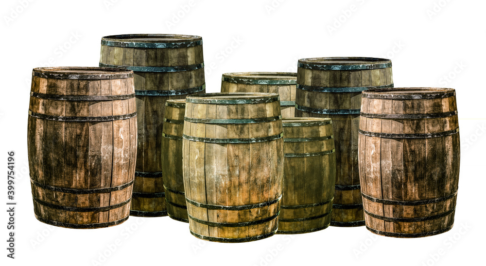 brown oak barrels tinted set of winemaking for aging whiskey and sherry on an isolated background brown oak barrels tinted set of winemaking for aging whiskey and sherry on an isolated background