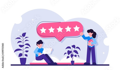 Book review concept. Readers give the highest rating. Five stars for quality. Modern flat illustration.