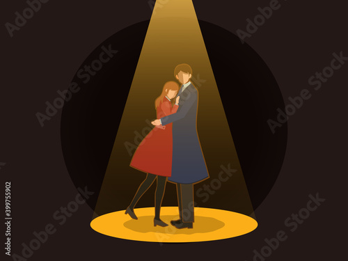 寄り添う男女がスポットライトに照らされているイラスト