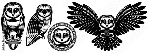 Set of owls in different positions. Vector monochrome illustrations. Templates for design, tattoo, print, advertising poster