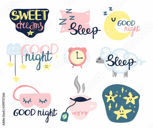 Sleep and insomnia doodle set. Cute emblems in pastel colors pillow, moon and stars, eyemask and alarm with hand drawn lettering phrase, bedtime stickers and print vector cartoon collection