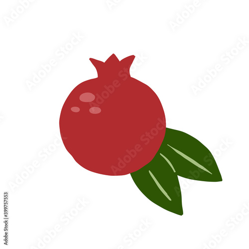 Pomegranate. Exotic tropical red fresh fruit, whole juicy garnet with green leaves, vector cartoon minimalistic style isolated illustration, print or poster, sticker