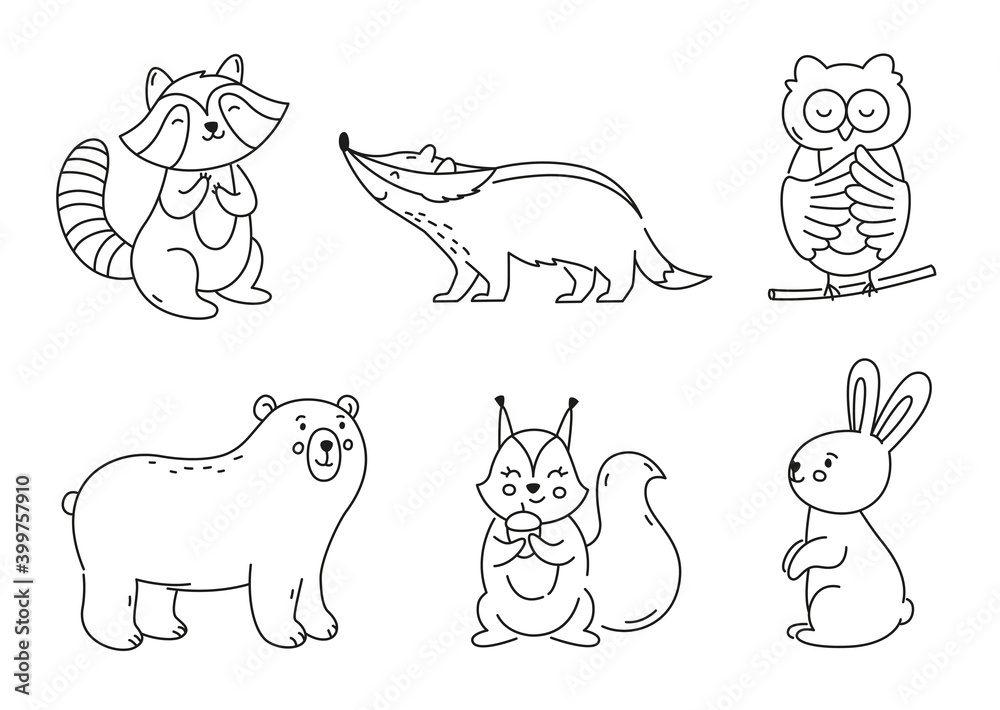 Obraz premium Set of outline forest animals. Collection of doodle characters.