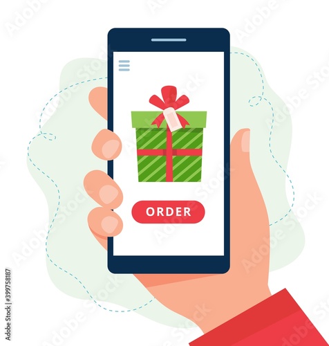 Online shopping gifts. Screen with present. Vector illustration in flat style