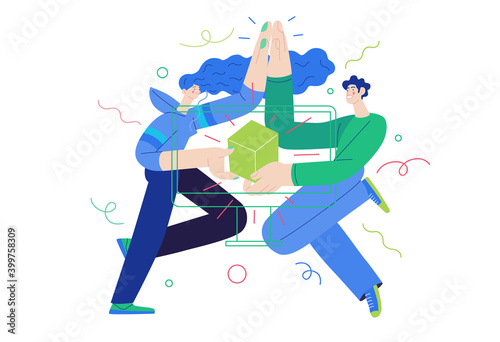 Business topics - project communication. Flat style modern outlined vector concept illustration. A young man and woman giving five  holding a box together. Business metaphor.