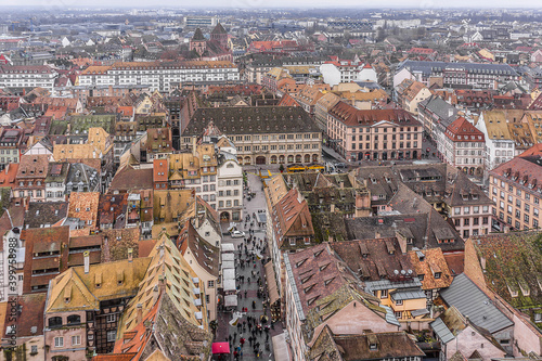 Aerial view of Strasbourg old city with red roof tiles. France. Strasbourg is the capital and principal city of Alsace region in eastern France and is official seat of European Parliament.