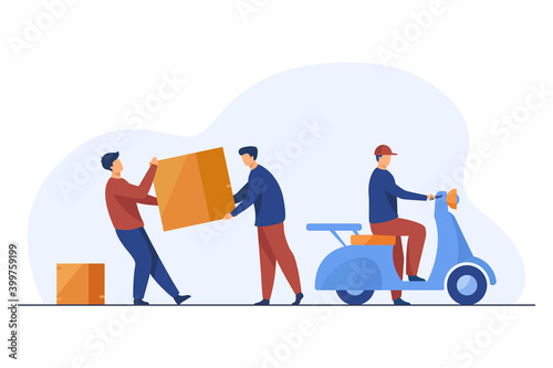 Two loaders carrying big carton box to couriers scooter. Delivery man with moped flat vector illustration. Logistics, delivery, moving, service concept for banner, website design or landing web page