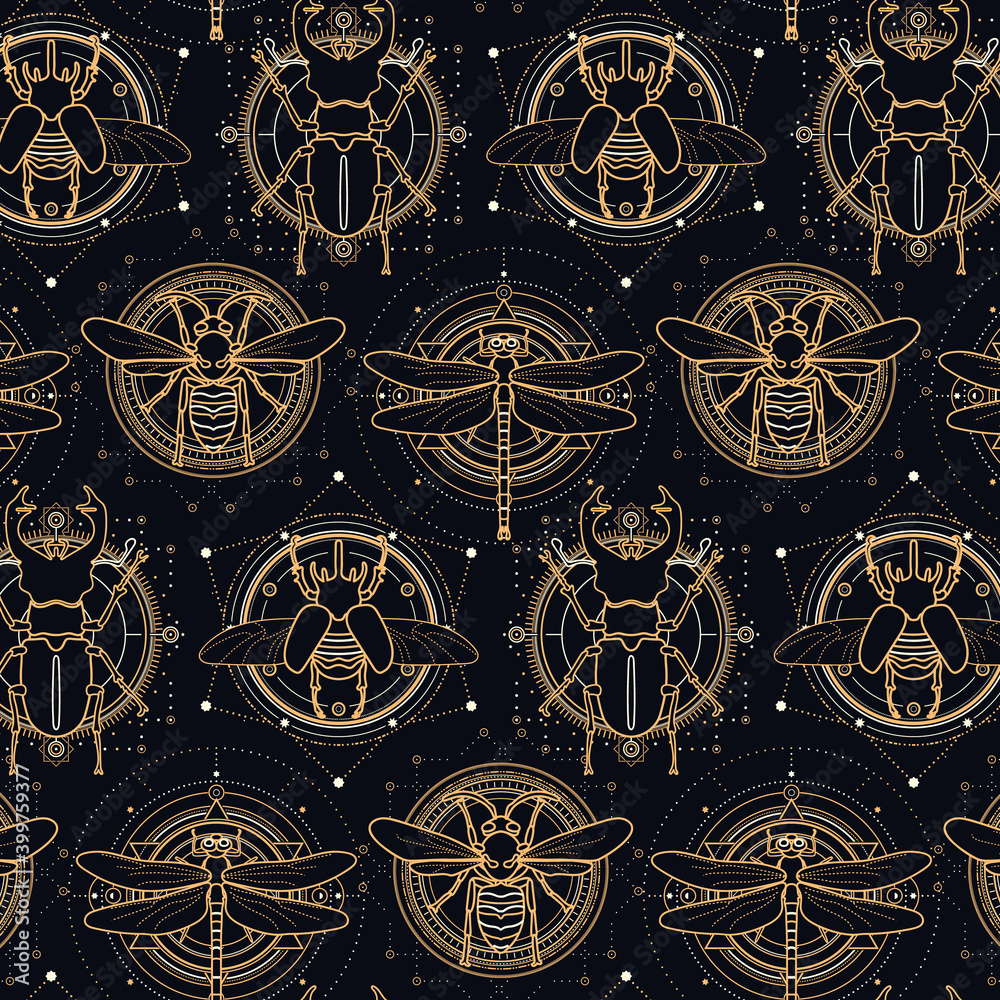 Sacred insects seamless pattern - illustrations of dragonfly, stag ...