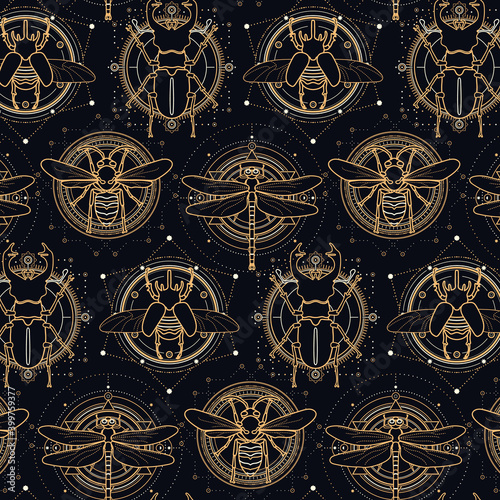 Sacred insects seamless pattern - illustrations of dragonfly, stag beetle, atlas beetle and wasp with celestial design elements on a dark background