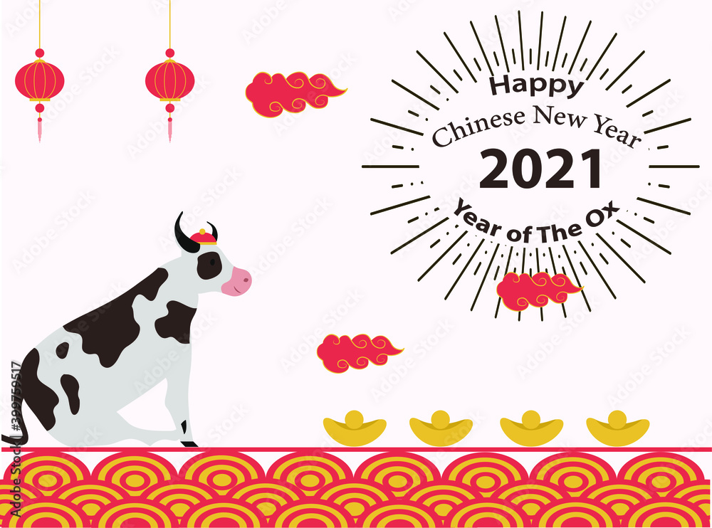Fototapeta premium Cow and gold on chinese ornament with text of Happy Chinese New Year 2021