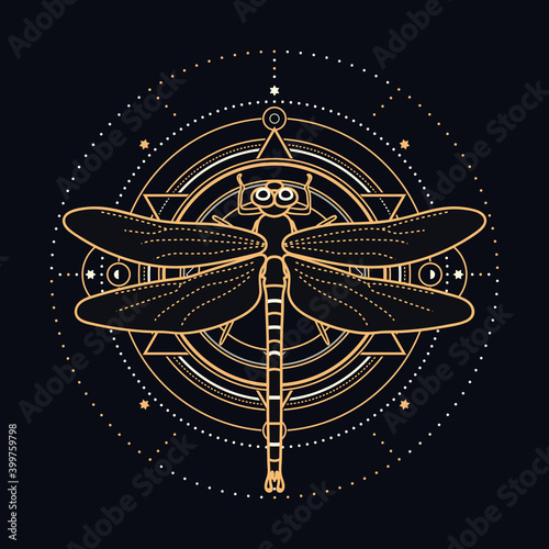 Sacred dragonfly with celestial design elements - insect illustrated with gold and white lines on black background