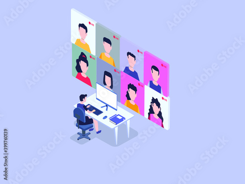 Studying from home vector concept: Male teacher doing video call with his students on the online webinar