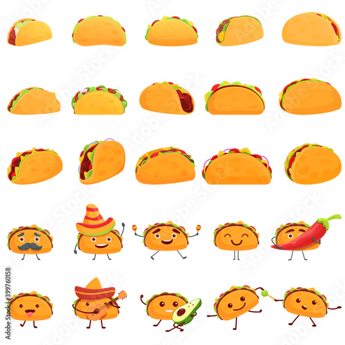 Tacos icons set. Cartoon set of tacos vector icons for web design