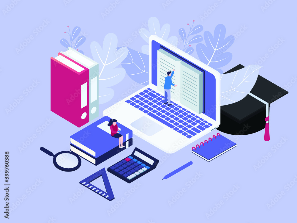 Online library vector concept: People reading books on the laptop computer with graduation hat background Online library vector concept: People reading books on the laptop computer with graduation hat background