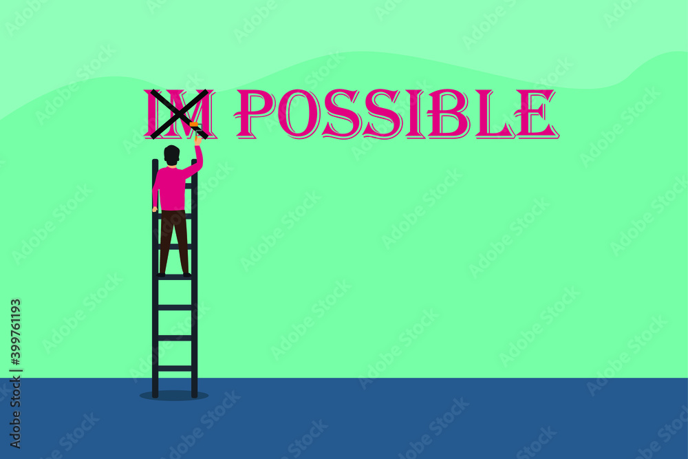 Business vector concept: Young businessman crossing impossible text into possible text Business vector concept: Young businessman crossing impossible text into possible text