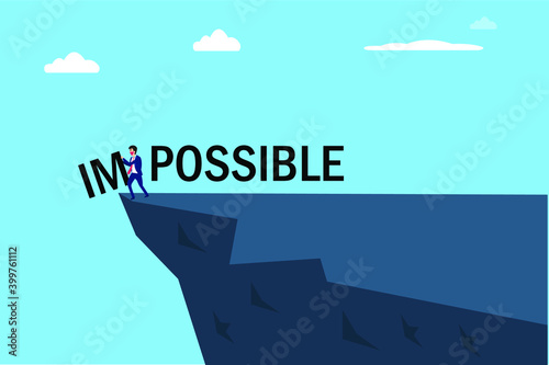 Business in new normal vector concept: Young businessman throwing impossible word into possible word in new normal 