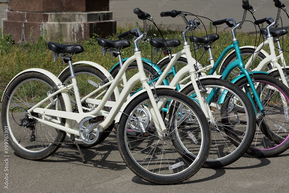 a row of white and blue bicycles parked in the street on gray asphalt