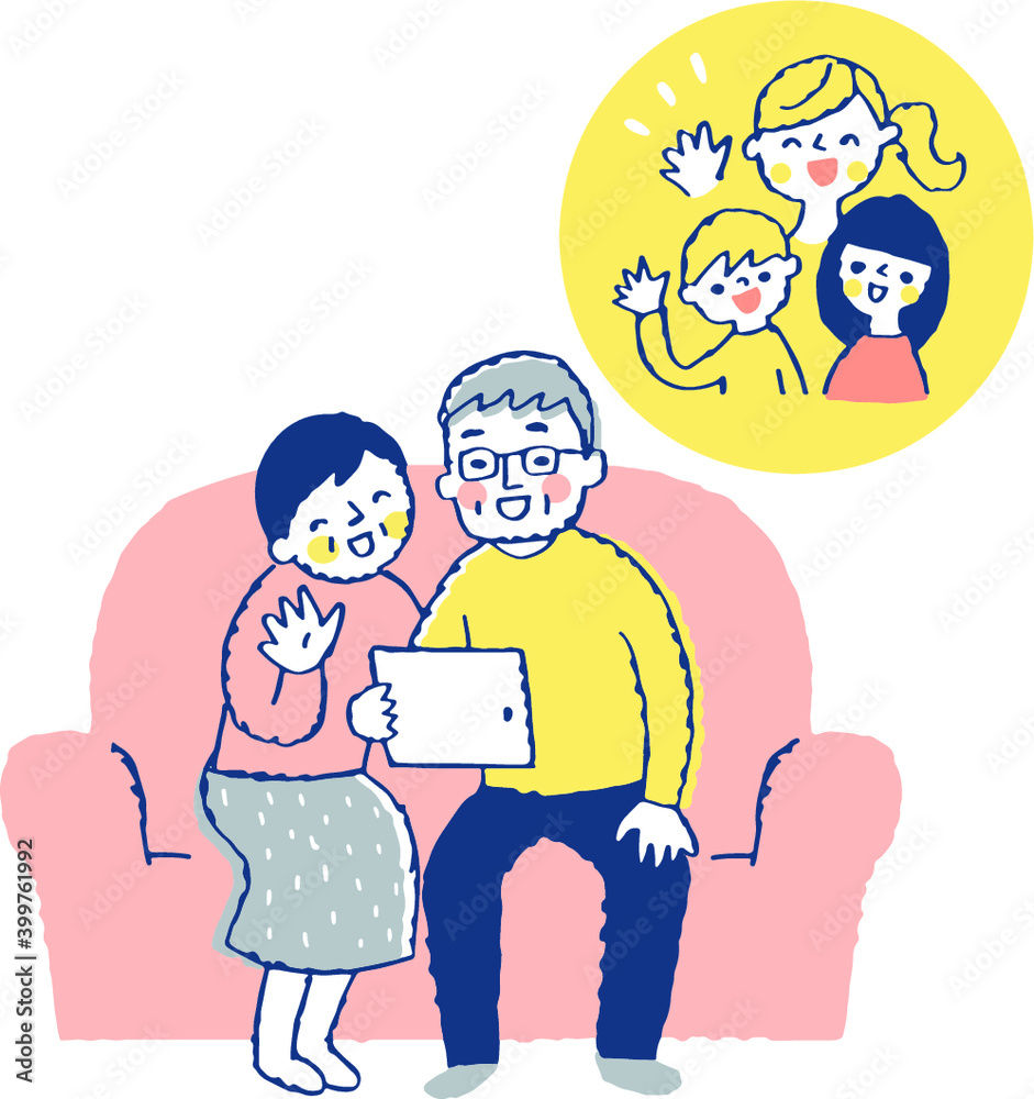 タブレット端末で会話する家族 タブレット端末で会話する家族