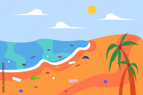 Plastic trash pollution on the beach. Environmental pollution and Ecological problem vector concept