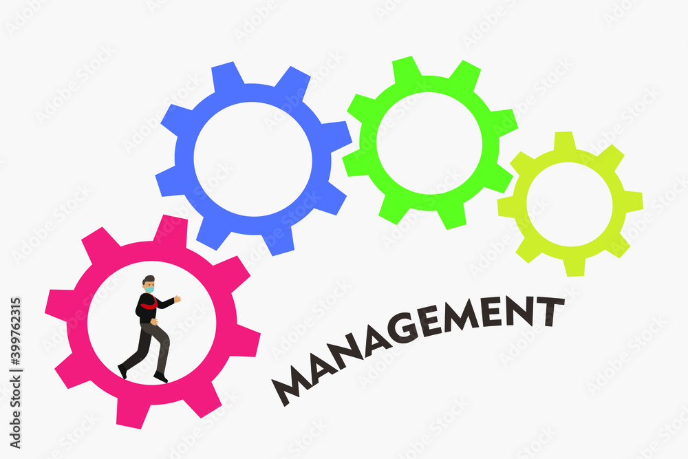 Businessman in face mask running in the cogwheel. Business Management vector concept Businessman in face mask running in the cogwheel. Business Management vector concept