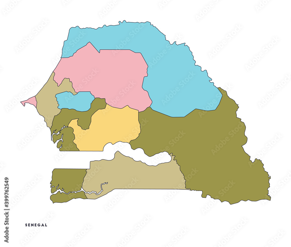 Senegal map. Country poster with regions. Shape of Senegal with country name. Creative vector illustration.