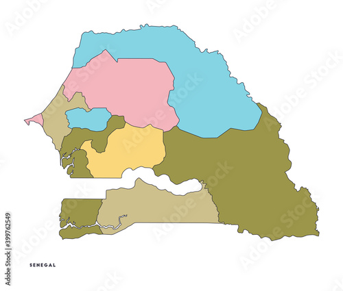 Senegal map. Country poster with regions. Shape of Senegal with country name. Creative vector illustration.