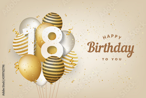 Canvas Print Happy 18th birthday with gold balloons greeting card background