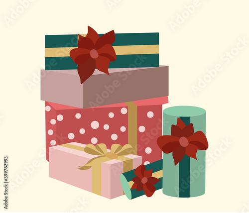 Flat style christmas gifts with ribbon and various color. Green, red, pink an...