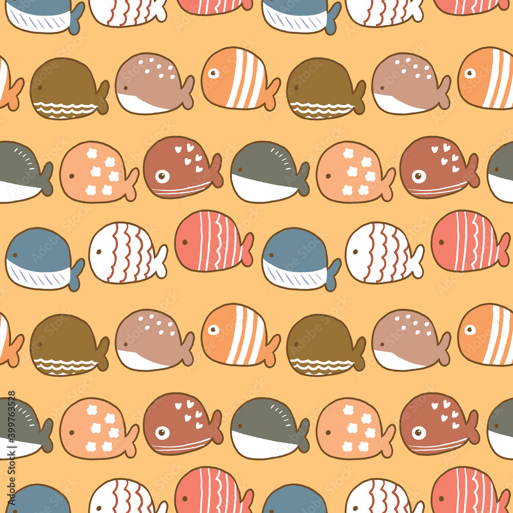 Seamless Pattern with Cartoon Fish Illustration Design on Yellow Background Seamless Pattern with Cartoon Fish Illustration Design on Yellow Background