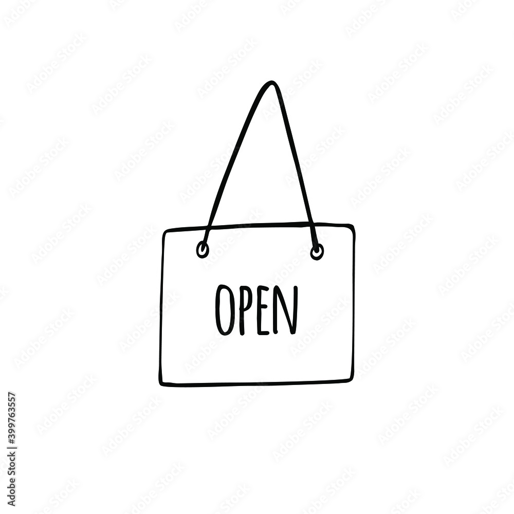 Vector hand drawn doodle sketch door sign with open text isolated on white background Vector hand drawn doodle sketch door sign with open text isolated on white background