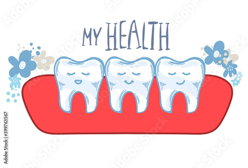 dental cartoon vector, teeth with gum, my health . hand drawing, dental care