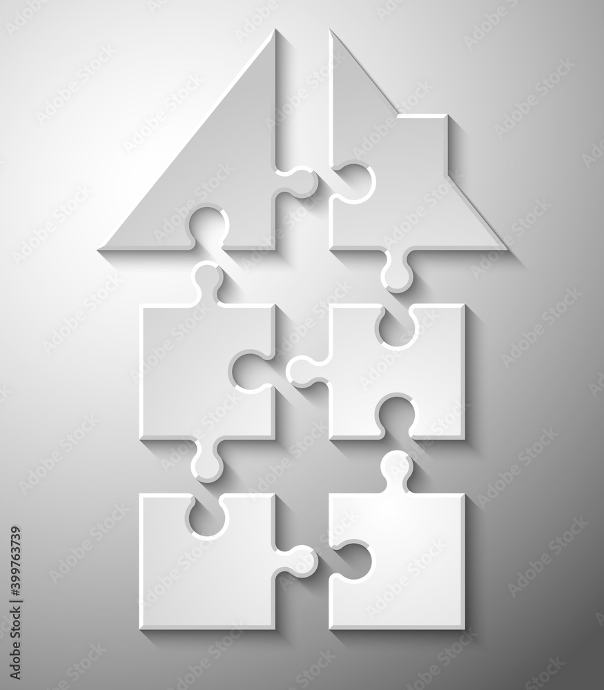 Puzzle house presentation. Home puzzles kit banner. Infographic template  with explanatory text field for business statistics. Abstract puzzle  building illustration. Pieces simple home game set Векторный объект Stock |  Adobe Stock