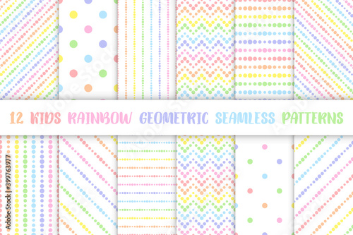 Set of kids rainbow seamless patterns with pastel colorful lines from dots, vector illustration. Chevron, diagonal, vertical, horizontal striped and polka dot geometric backgrounds