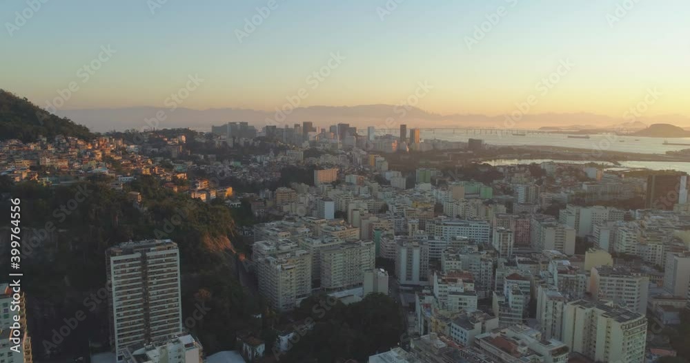 Rio de Janeiro wide aerial cityscape of central business district, favelas, residential neighbourhoods and the Guanabara Bay