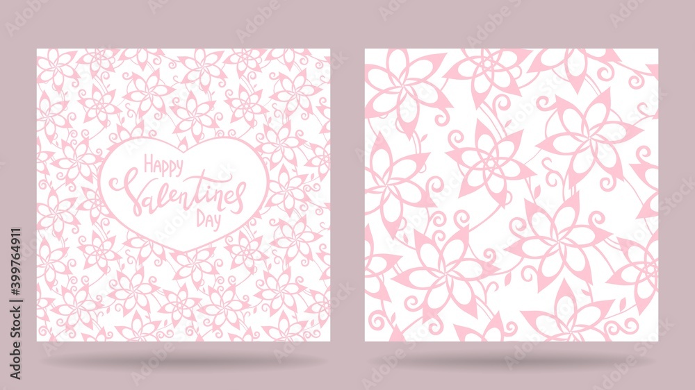 Happy Valentine's day. Set of templates. Greeting card and seamless pattern. Vector illustration.
