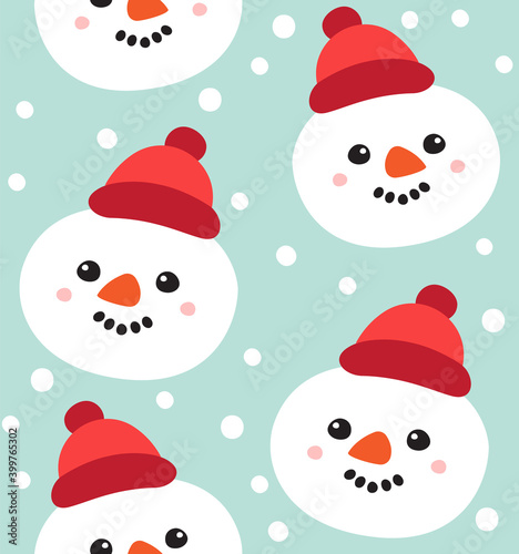 Vector seamless pattern of hand drawn doodle flat snowman face isolated on blue background