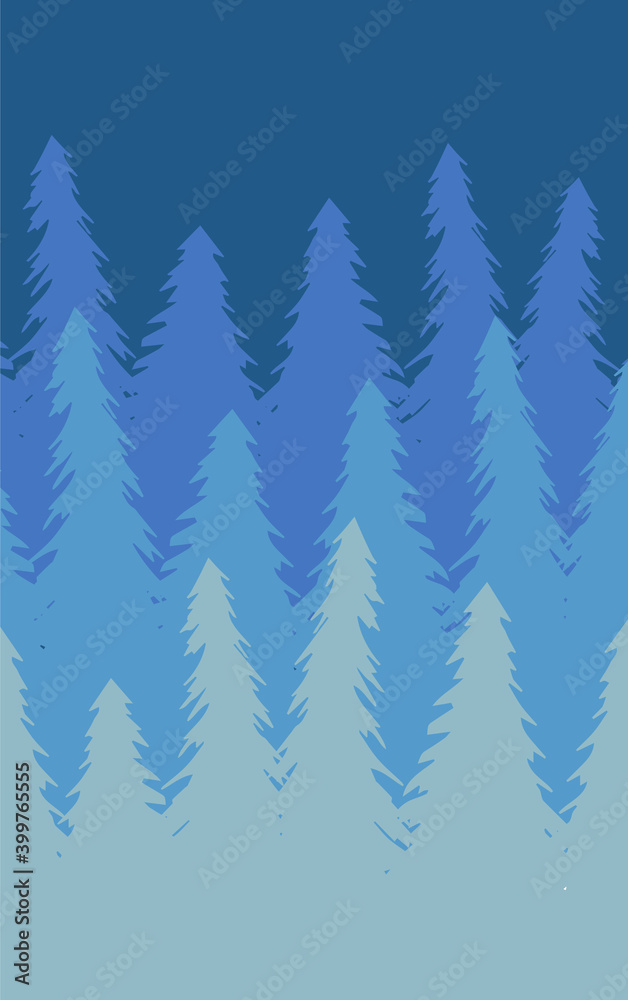 Vector flat spruce tree forest silhouette isolated on blue background