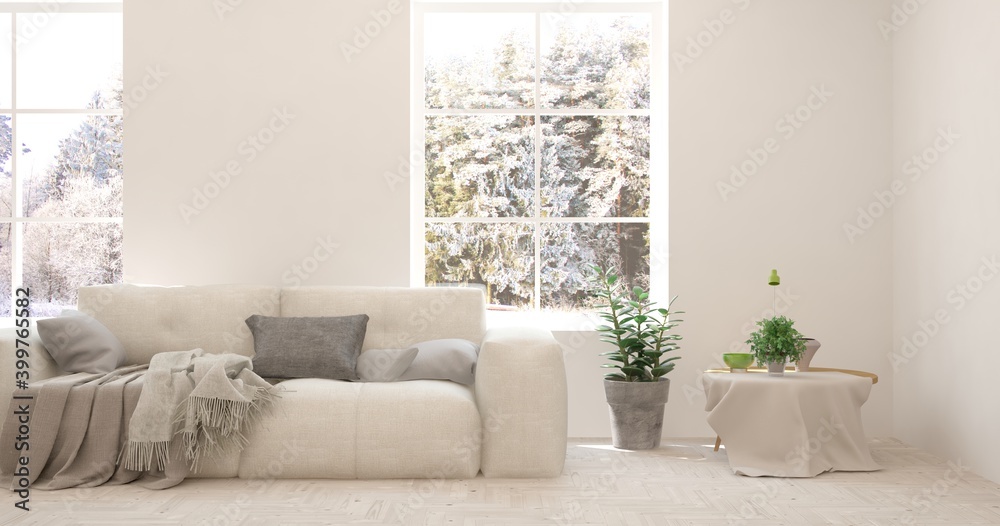 Naklejka premium White living room with sofa and winter landscape in window. Scandinavian interior design. 3D illustration